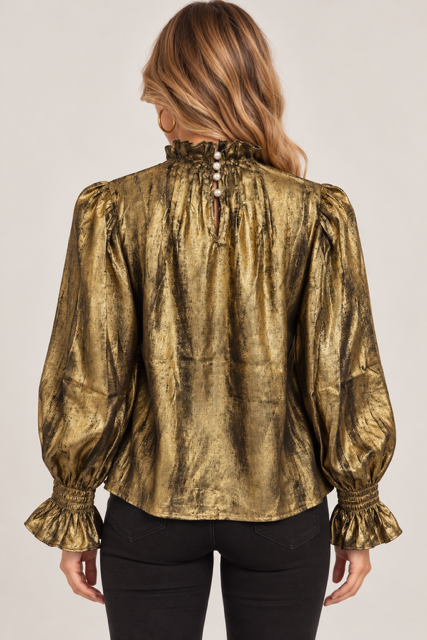 Maren Top by THML in olive-and-gold abstract print with back neckline buttons, long sleeves, and ruffled cuffs, back view.