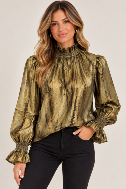 Maren Top by THML in olive-and-gold abstract print with a ruffled high neck, long sleeves, and smocked cuffs, front view.