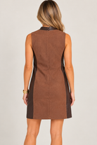 Quinn Dress by THML in brown with a back zipper, dark neckline trim, and contrast side panels, back view.
