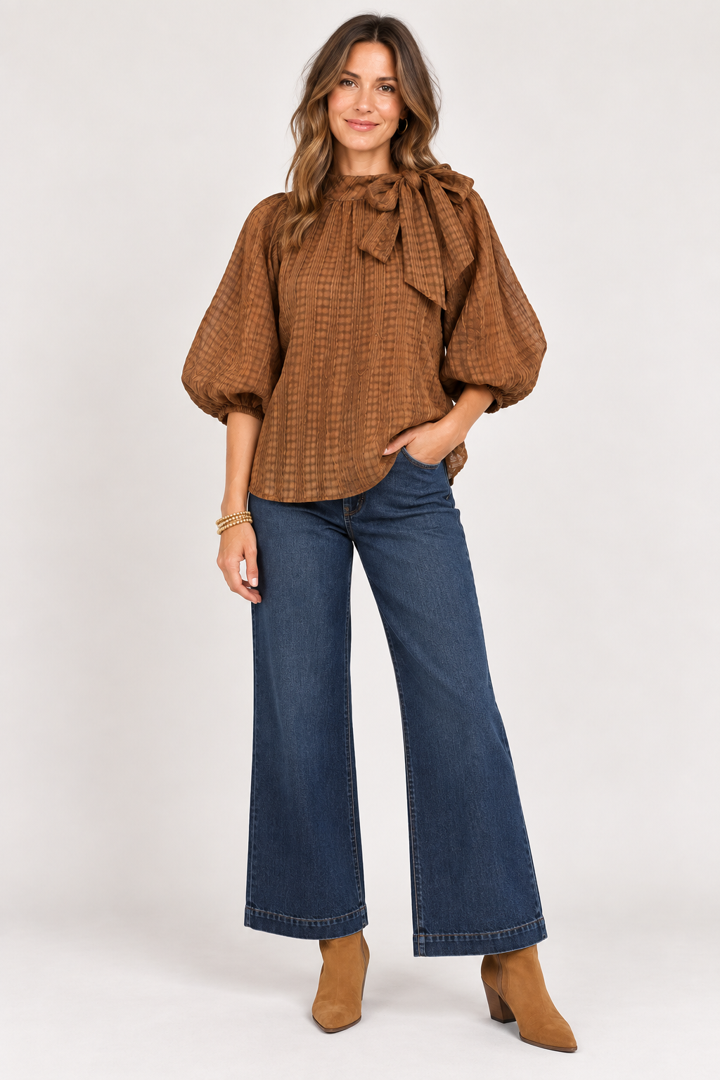 Front view of black Keely Top by THML with crew neckline and brown and khaki sleeve stripes, Style #WCT4031