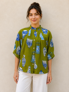 Tatum Top by THML — olive green chinoiserie vase print button-up, band collar, short sleeve | Marj & Lizzie - style#FTM3417