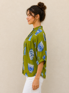 Tatum Top by THML — olive chinoiserie print button-up, relaxed fit, short sleeve | Marj & Lizzie