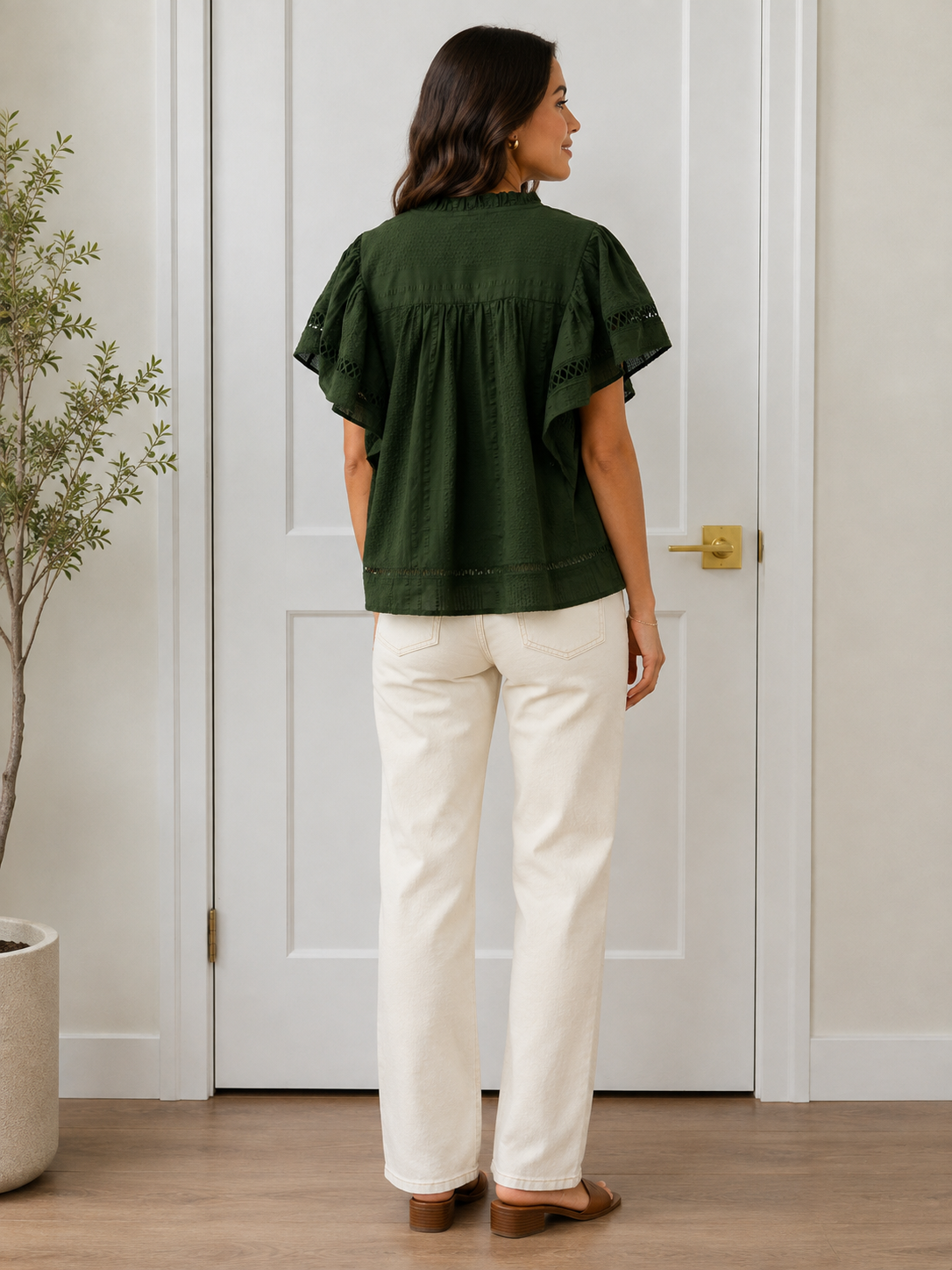 Wells Top in Emerald Green by THML — V-neck eyelet flutter sleeve top | Marj & Lizzie TDM1132