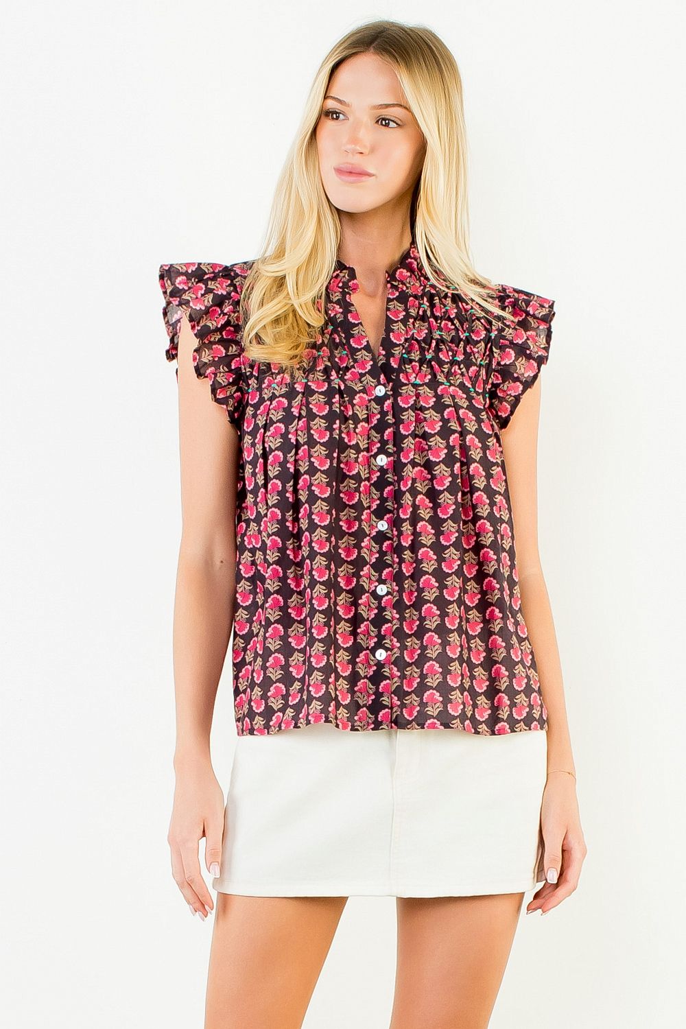 Jackie Top by THML — pink floral block print, flutter sleeves, button-front, chocolate brown cotton