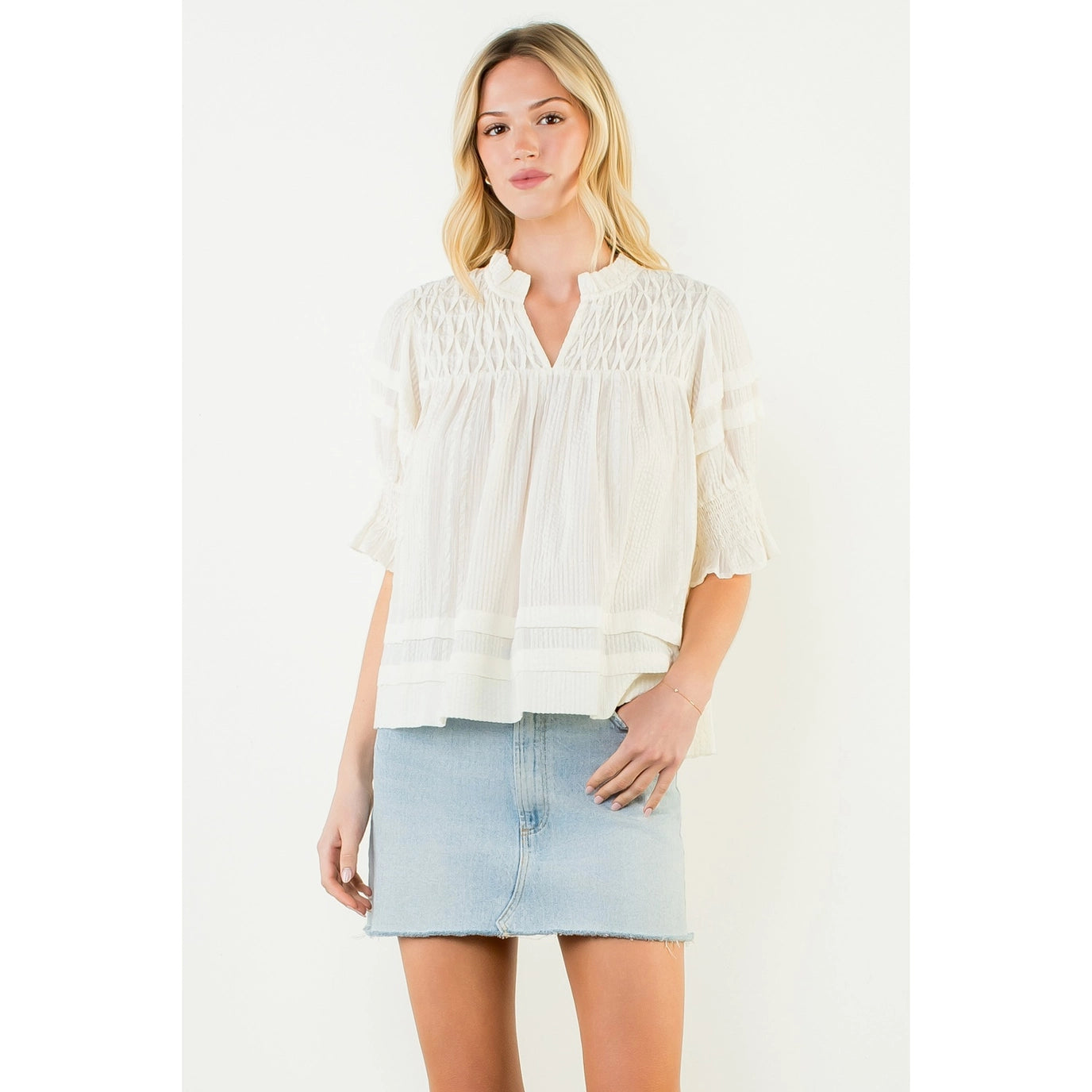 Cream short sleeve crinkle detail top by THML, stylish and lightweight women's top with textured fabric.