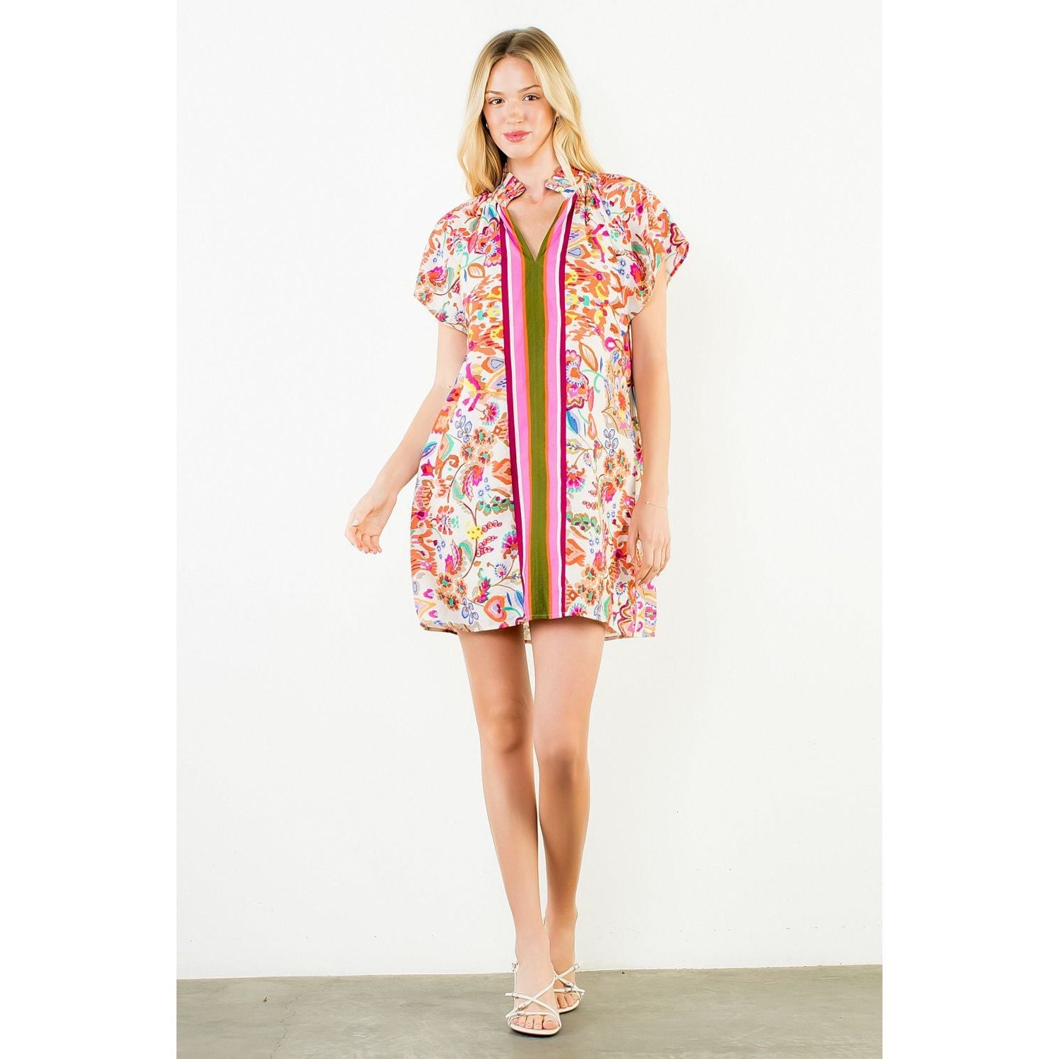 Marin Dress in multicolor floral paisley print, striped placket, ruffle collar, short sleeve - Marj & Lizzie