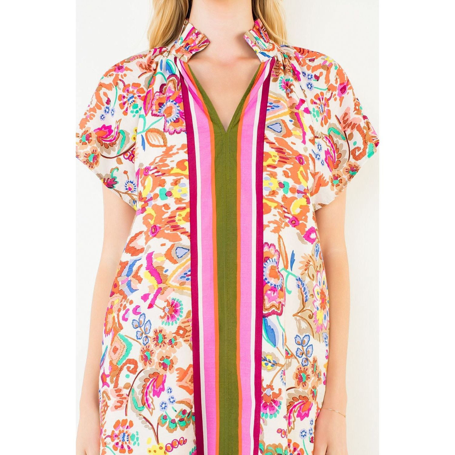 Marin Dress ruffle collar and striped center placket detail, floral paisley print - Marj & Lizzie