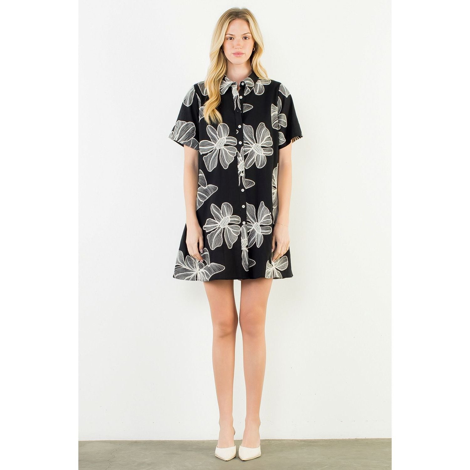 Maxine Dress by THML — black mini shirtdress with white oversized floral embroidery, collared, button-front, short sleeve