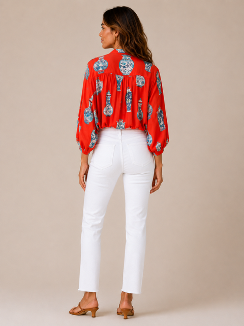 THML FTM3417 Tatum Top in orange – back pleating and elbow-length sleeves detail