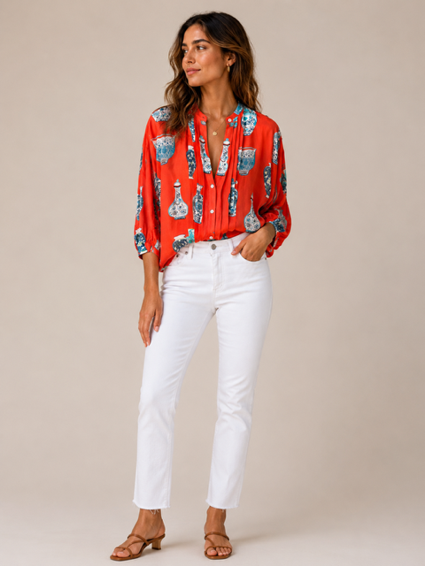 Tatum Top Orange by THML FTM3417 – button-up mandarin collar top in orange rayon