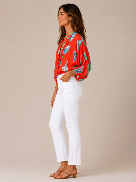 Tatum Top Orange THML FTM3417 – structured button-up silhouette in 100% rayon