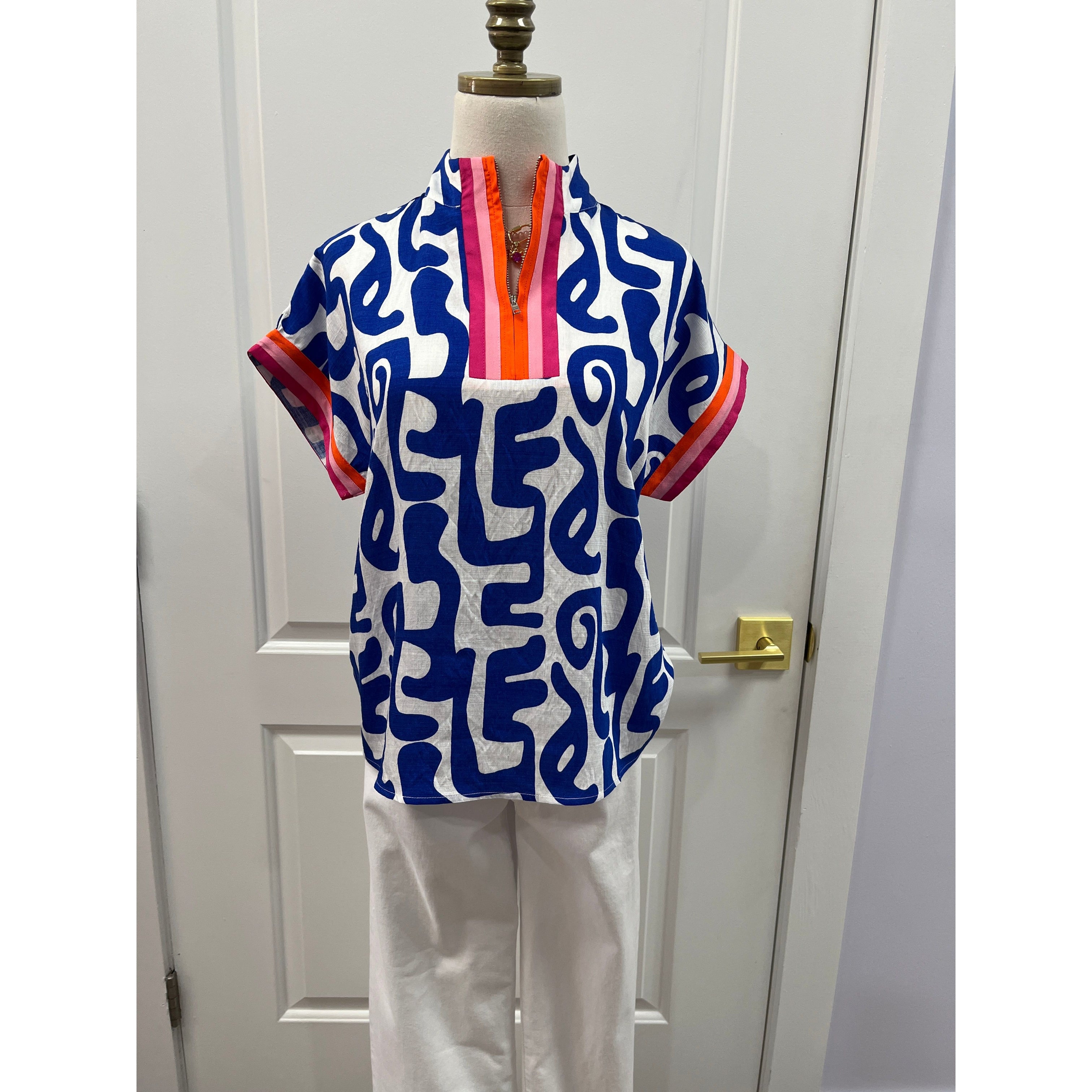 THML FTM3001-1 blue and white Caryn top short sleeve with trim