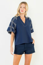 THML Style #WCT3860-1 Beatrice top navy puff sleeve short sleeve top
