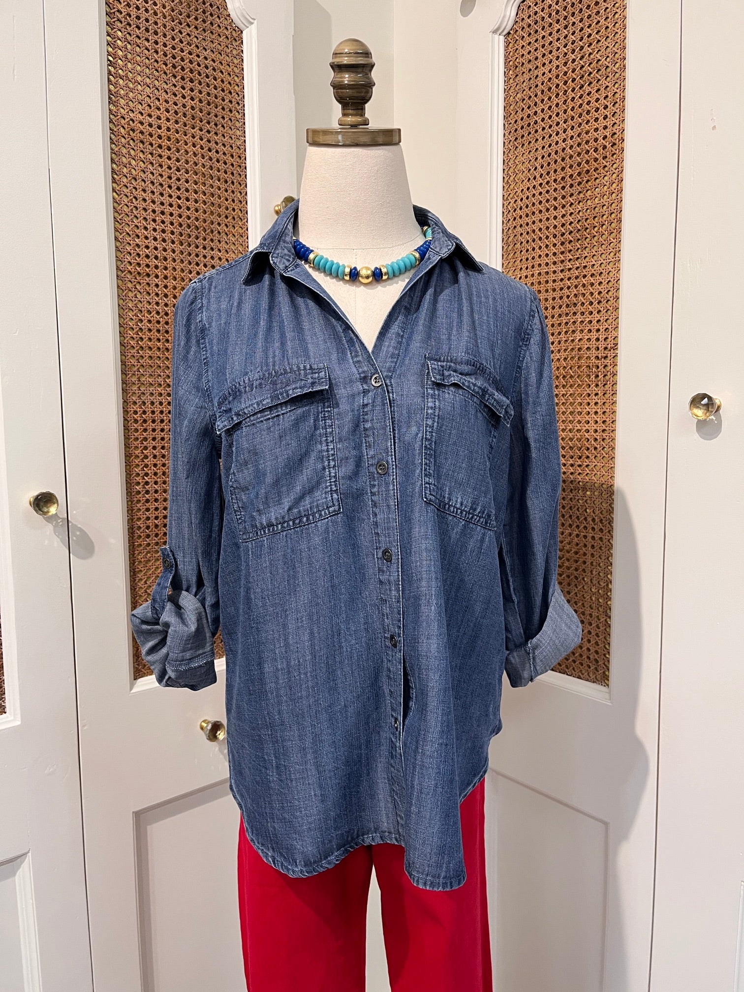 Talma Top by Velvet Heart — medium wash denim button-front shirt with spread collar, flap chest pockets, and rolled tab sleeves