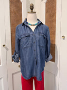 Talma Top by Velvet Heart — medium wash denim button-front shirt with spread collar, flap chest pockets, and rolled tab sleeves