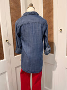 Talma Top by Velvet Heart — back view of medium wash denim button-front shirt with spread collar and rolled tab sleeves