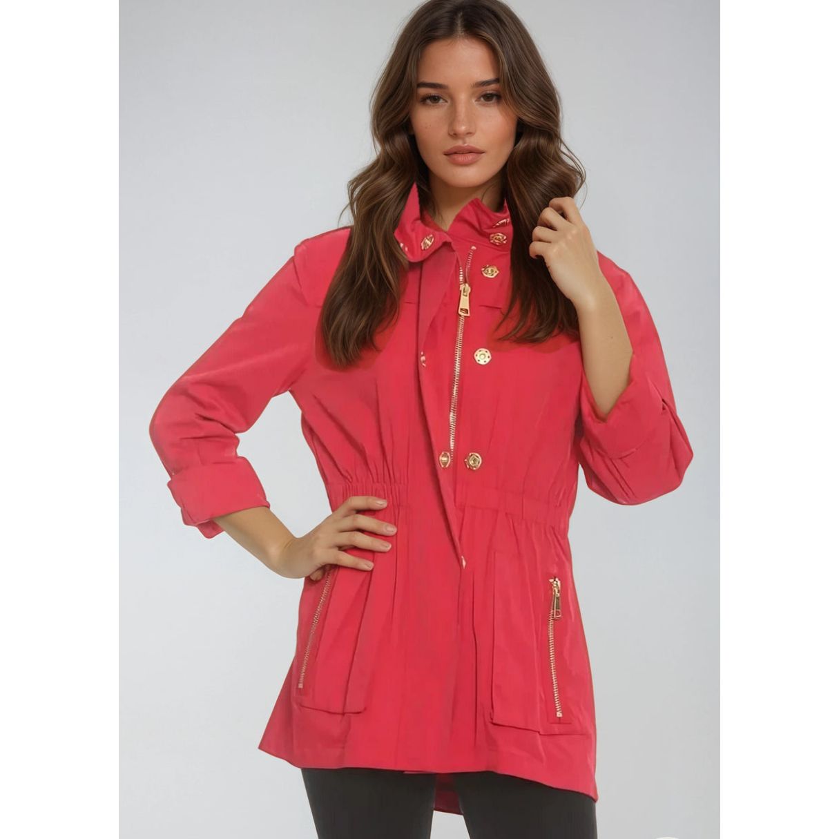 Tess Raincoat in Barbados Cherry by Ciao Milano with a gathered waist and gold-tone zip pockets, front view