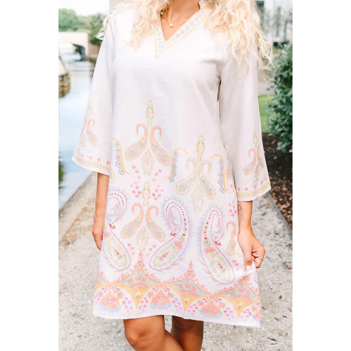 Eloise Dress pastel pink yellow blue paisley border print detail, v-neck, 3/4 sleeve - Marj & Lizzie
