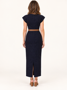 Zyri Dress by Velvet Heart in dark indigo — fitted drop-shoulder silhouette with belt Style# DFD-6269