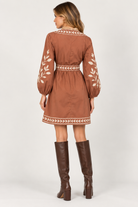 Cecilia Dress by Marigold in brown Maple Canopy print, back view showing V-neck, button front, and tie waist