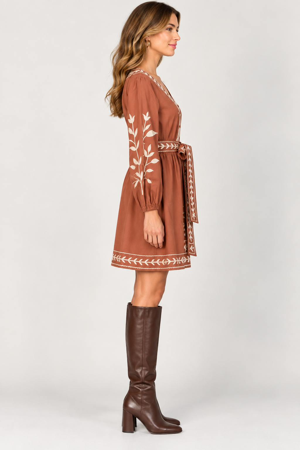 Cecilia Dress by Marigold in brown Maple Canopy print, side view showing V-neck, button front, and tie waist
