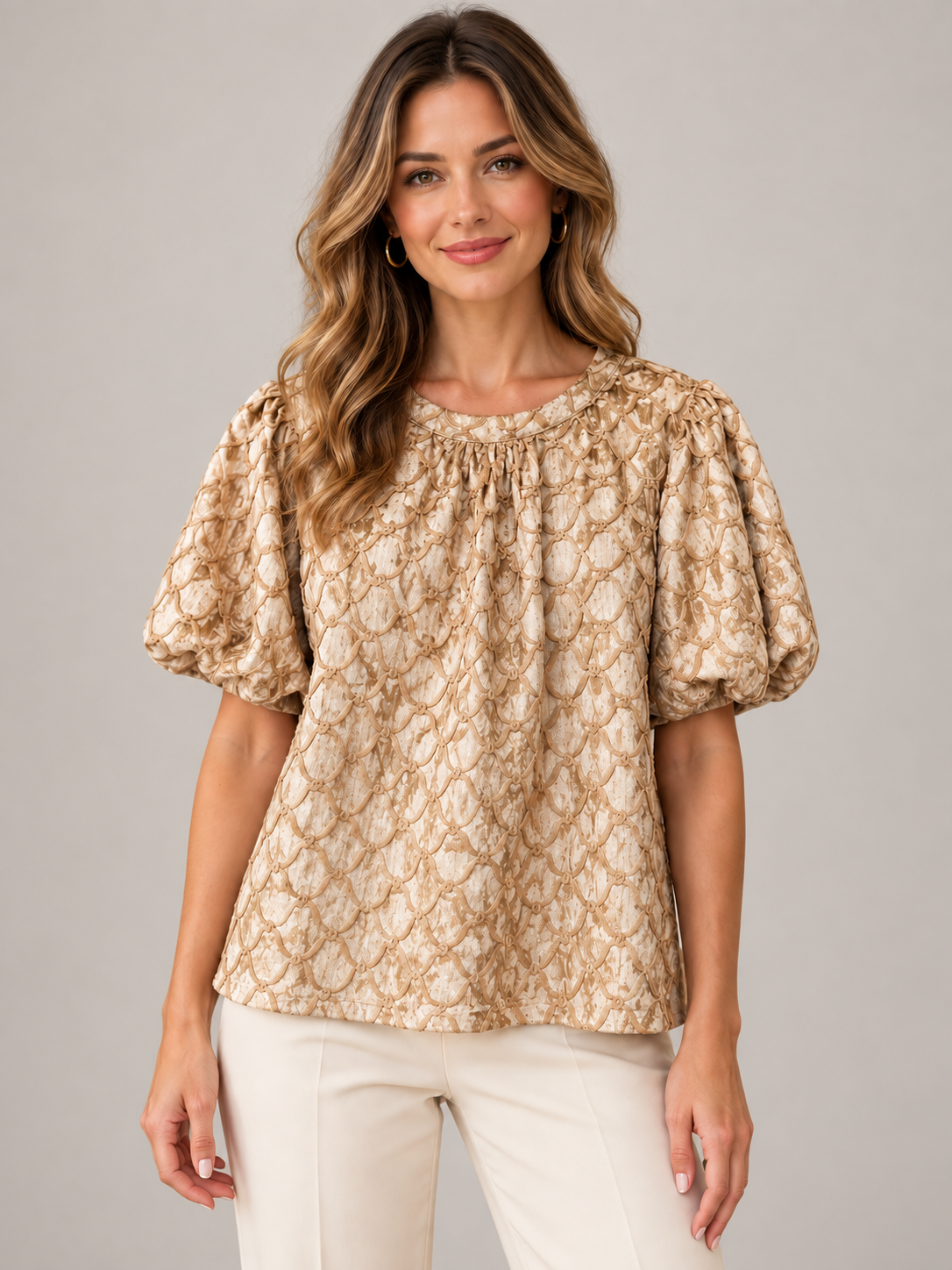 Lily Grace Top by Voy in tan crushed velvet, front view with trellis trim and bubble sleeves