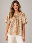 Lily Grace Top by Voy in tan crushed velvet, front view with trellis trim and bubble sleeves