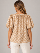 Lily Grace Top by Voy in tan crushed velvet, back view with bubble sleeves