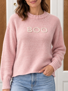 Wooden Ships Boo Sweater in arctic pink, style K57CPE3W693 — close-up of BOO embroidery on chest with ribbed crew neckline and cuffs