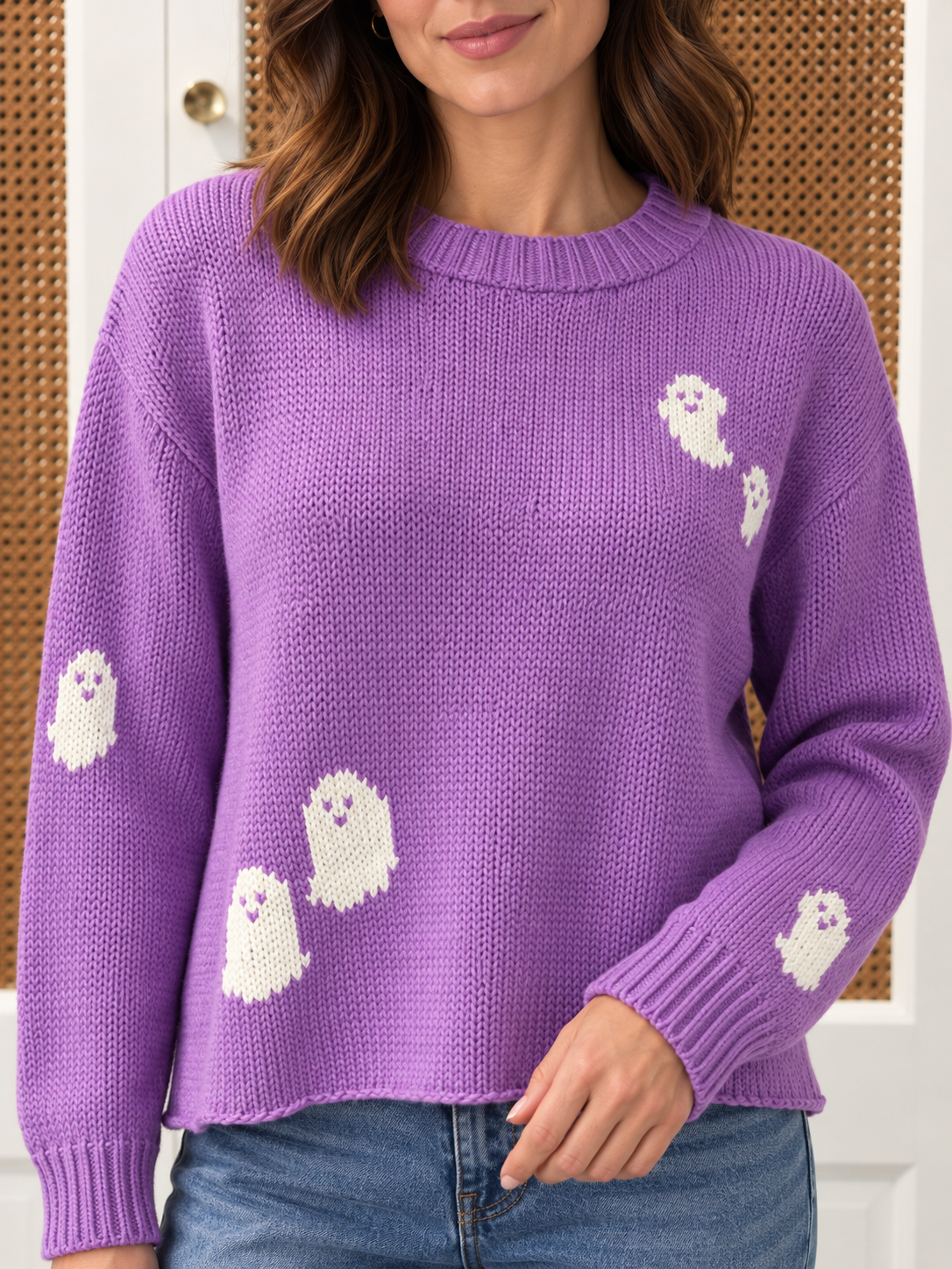 Wooden Ships Mini Ghost Sweater in purple, style K57CE2W739 — knit ghost motifs across body and sleeves, crew neck, full front view"