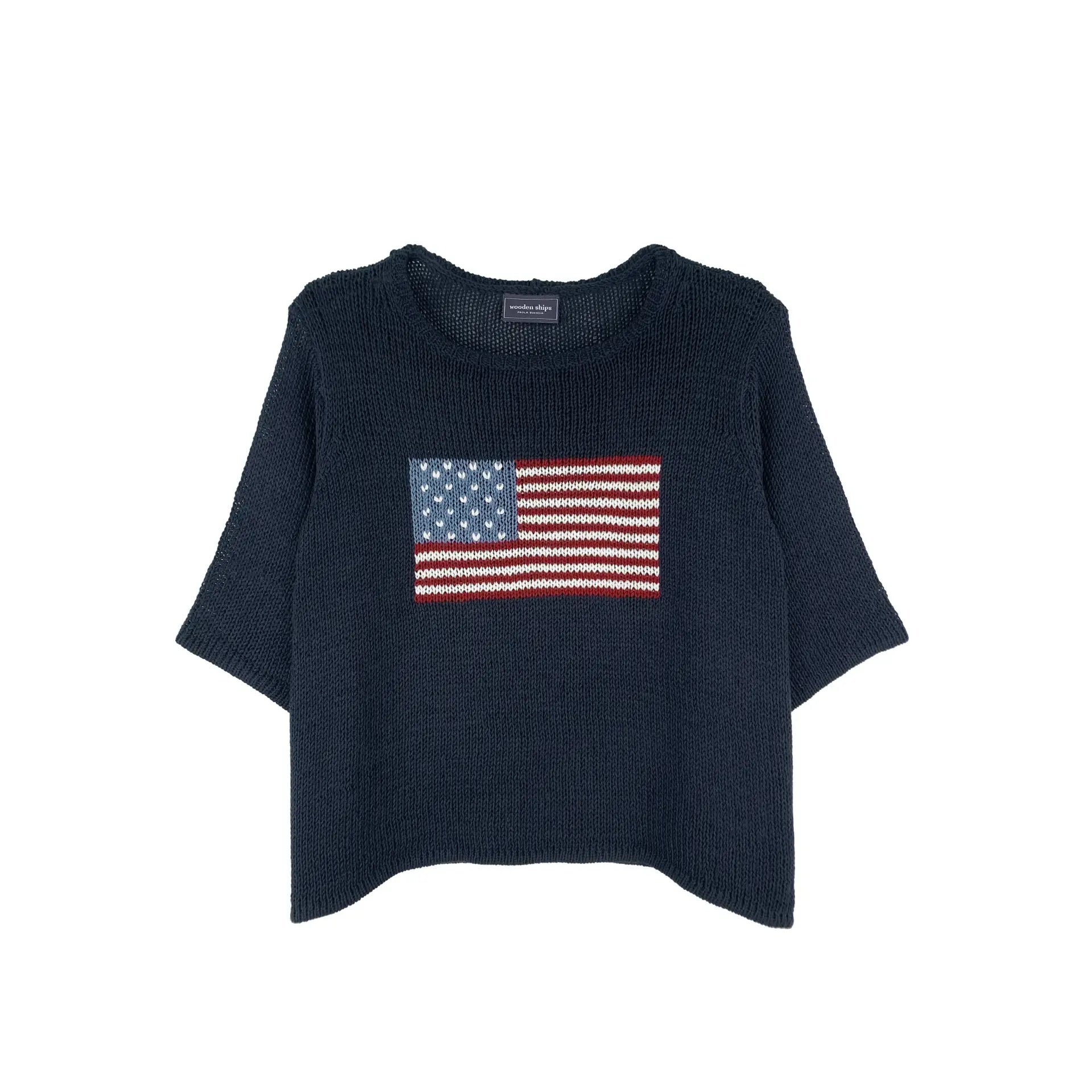 Wooden Ships flag half sleeve cotton sweater in dark indigo, casual top with a nautical flag design and comfortable fit.