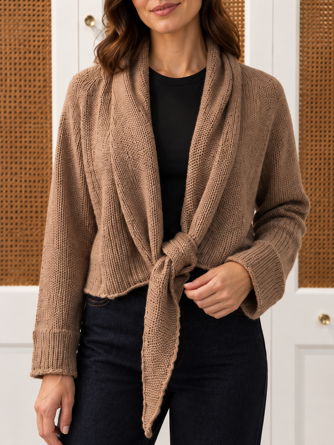 Wooden Ships Daphne Sweater in dark cedar — close-up of shawl neckline, open front, and front tie detail 