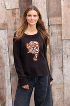 Wooden Ships Tigress Sweater in black — knit tiger design on center front, boyfriend fit, front detail view
