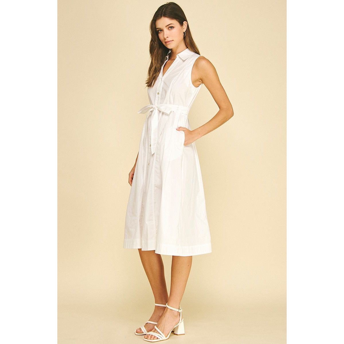 Abby Dress Pinch white sleeveless shirt dress side view, self-tie waist, A-line midi with pockets - Marj & Lizzie