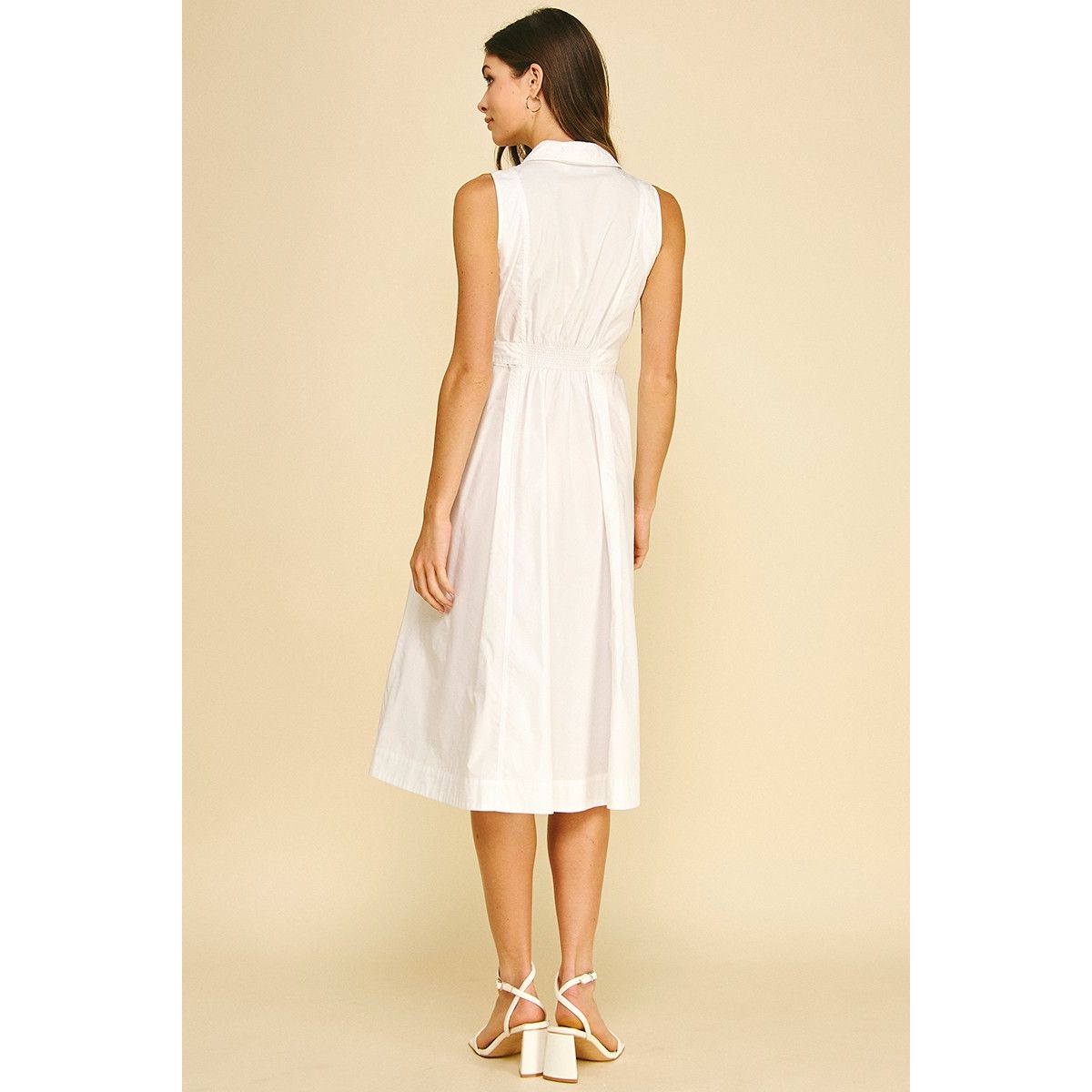 Abby Dress Pinch white sleeveless shirt dress back view, self-tie waist, A-line midi - Marj & Lizzie