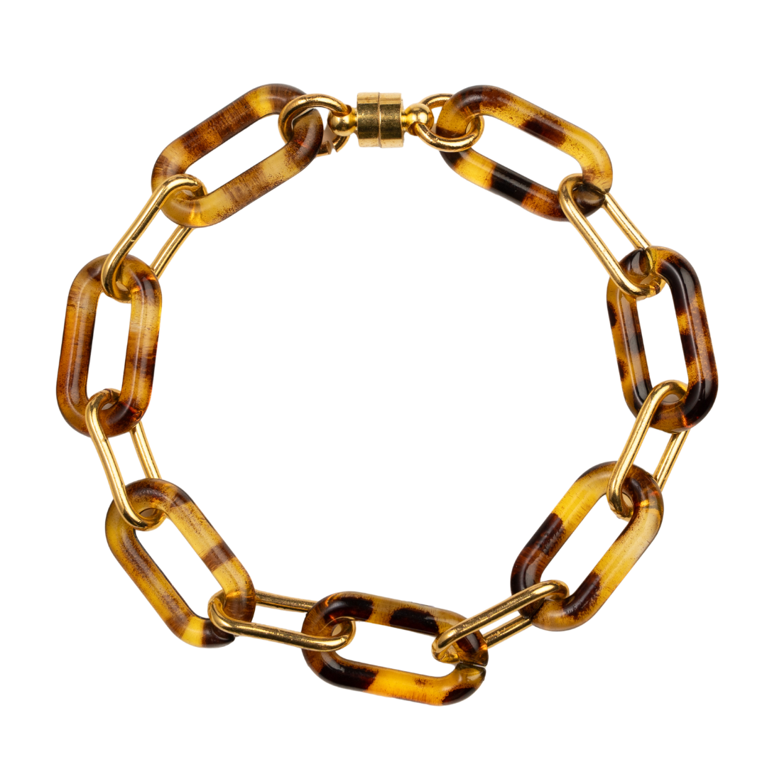 Gold Paperclip Chain and Tortoise Link Bracelet by Ali Bird, product view, alternating gold and tortoise resin oval links with gold barrel clasp