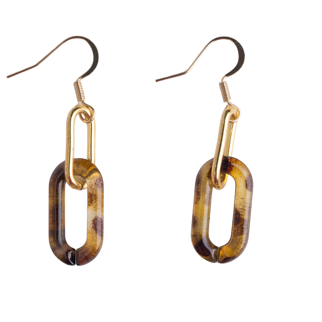 Tortoise Inspired Link Earring by Ali Bird, product view, gold oval link and tortoise resin link drop earrings with gold fish hook