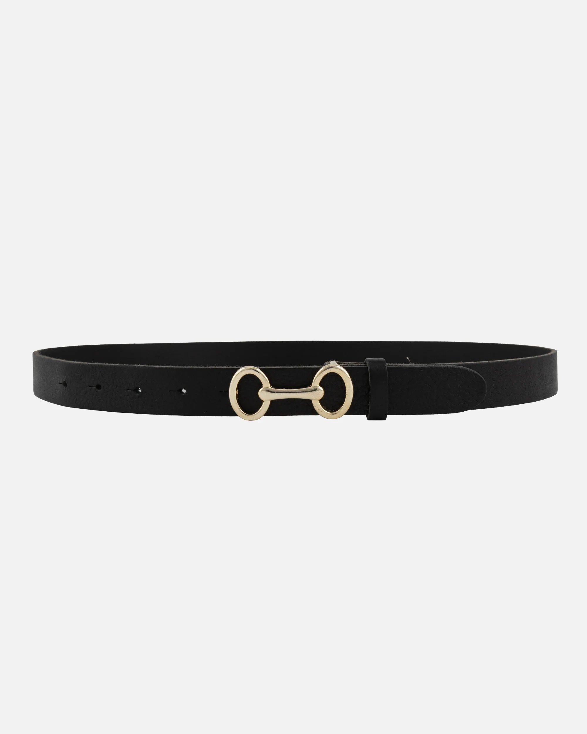 Carel Belt in Black by Amsterdam Heritage — smooth leather, gold horse-bit buckle, 1" width | Marj & Lizzie25608