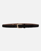 Dania Skinny Belt in Black by Amsterdam Heritage — cow hair-on leather, gold buckle, 0.8" | Marj & Lizzie 20612