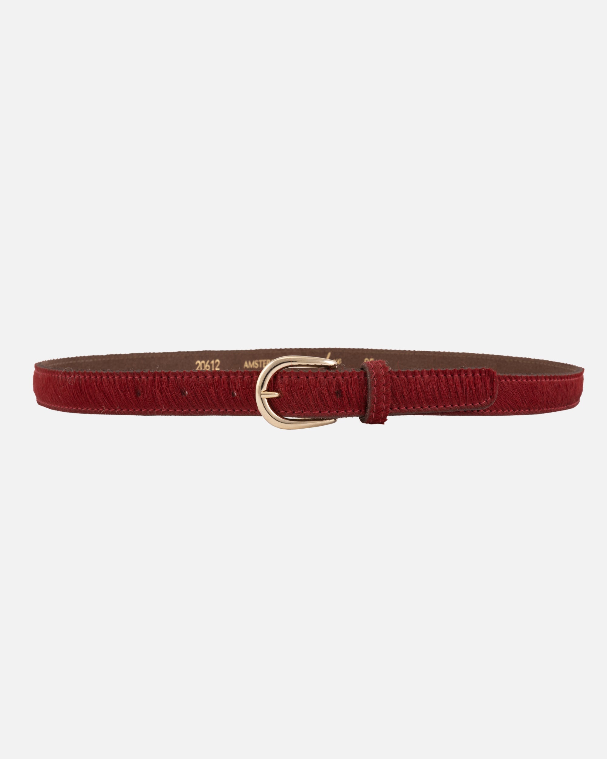 Dania Skinny Belt in Red by Amsterdam Heritage — cow hair-on leather, gold buckle, 0.8" | Marj & Lizzie20612