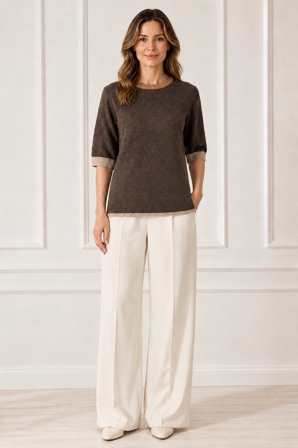 Another Love Dera Top in chocolate brown, crew neck short-sleeve knit with oatmeal contrast cuffs and hem, front view