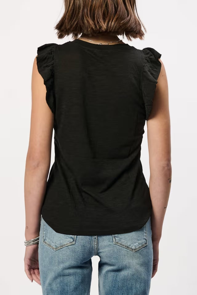 North Top Black by Another Love — relaxed crew neck, flutter sleeves, slub knit, back view