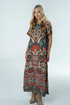 Front view 2 of Diana Dress Ikat by Briton Court in charcoal, rust, turquoise, and neutral tones, Style #3925