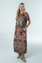 Front view 3 of Diana Dress Ikat by Briton Court in charcoal, rust, turquoise, and neutral tones, Style #3925