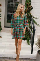 Front view of Hazel Dress Plaid by Briton Court in multicolor forest plaid with collar and button front, Style #3929