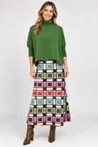 Front view of Sophia Sweater Green by Briton Court in Evergreen Fog with a mock neckline and ribbed sleeves Style # 3497