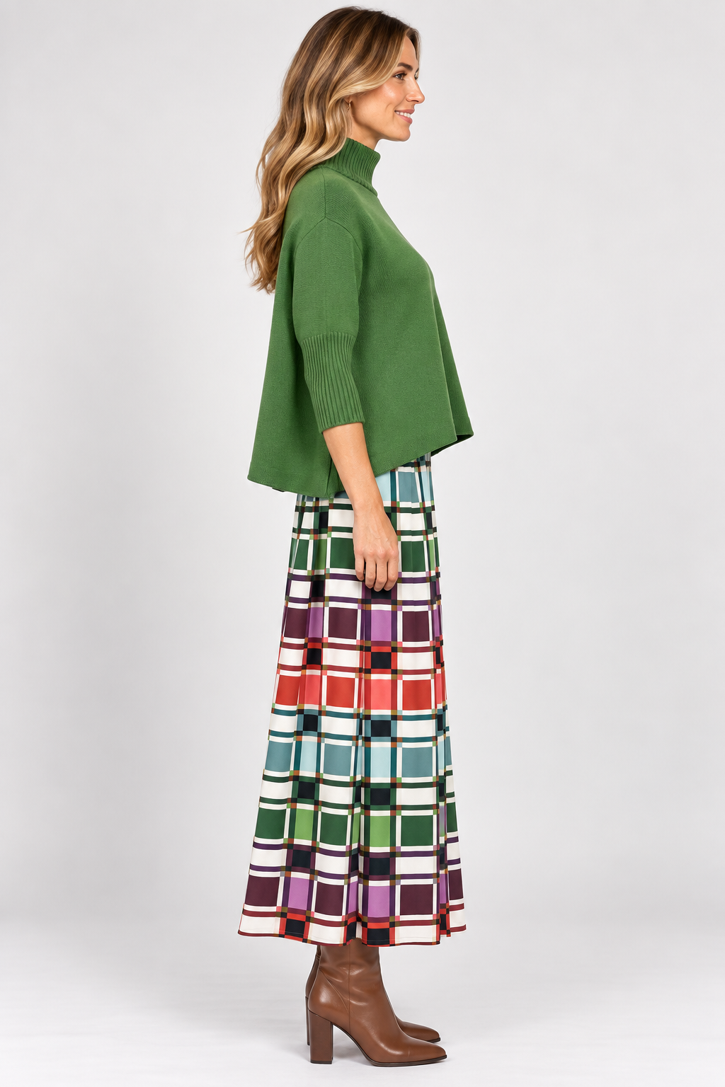 Side view of Sophia Sweater Green by Briton Court in Evergreen Fog with a mock neckline and ribbed sleeves Style # 3497