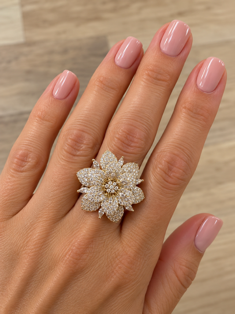 Flower Ring by Marj & Lizzie, gold three-layered flower with pavé petals and stone center, worn on hand