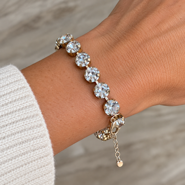 Clear Rhinestone Bracelet by Marj & Lizzie, clear rhinestones in gold bezels with extender chain, worn on wrist
