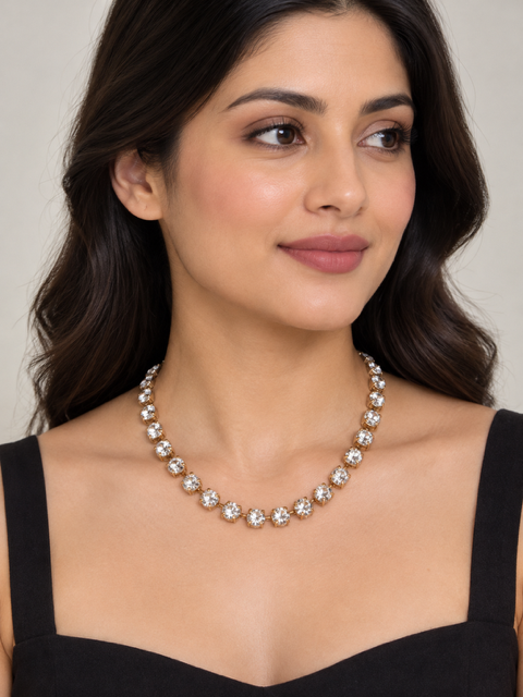 Clear Rhinestone Necklace by Marj & Lizzie, gold-tone strand of bezel-set clear stones